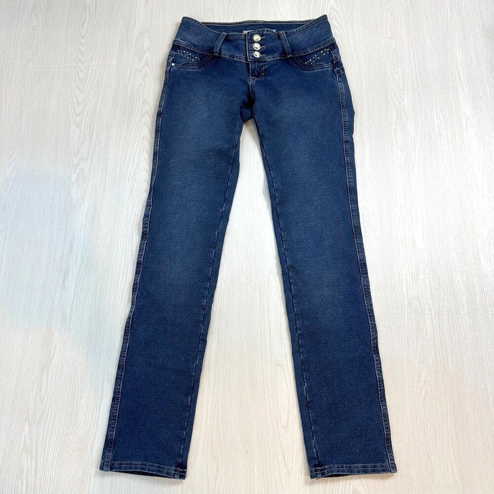 DG Premium Levanta Cola Jeans Womens Size 3/38 Rhinestone Crystal Button Stretch